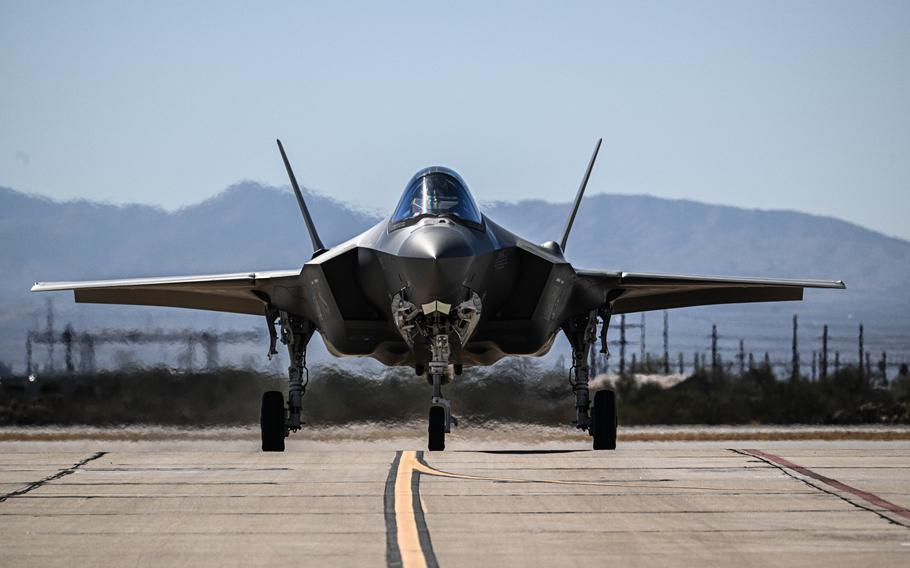 A front view of a as an F-35 taxis.