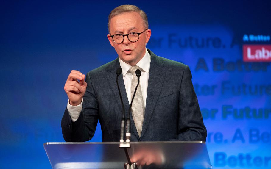 Australian opposition leader Anthony Albanese gestures as he addresses Labour supporters after winning the 2022 general election at the Federal Labour Reception in Sydney on May 21, 2022.