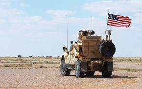 Green Berets fire a .50 caliber machine gun mounted on a Common Remotely Operated Weapon Station from a M-ATV Special Forces Vehicle during a readiness exercise near At-Tanf Garrison, Syria, April 12, 2020. Coalition and partner forces regularly train on various weapons systems in a joint effort to defeat Daesh remnants in southern Syria, and help set conditions for the enduring defeat of Daesh. (U.S. Army photo by Staff Sgt. William Howard)