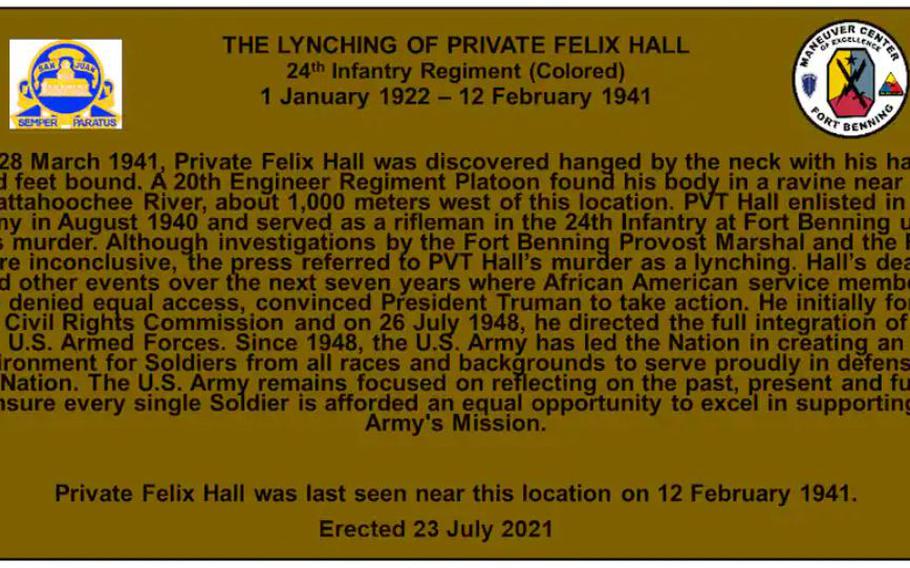 A digital mock-up of the plaque recognizing Felix Hall, to be unveiled Tuesday at Fort Benning, Ga. 