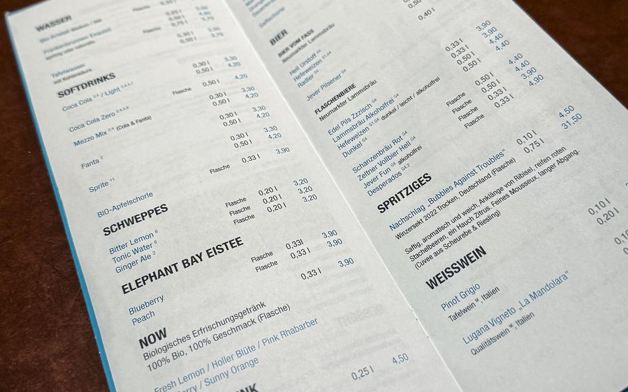 A menu at a restaurant at a movie theater complex in Nuremberg,