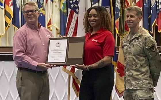 Charlee LeBlanc receives the American Red Cross Life Saving Award for Professional Responders at Camp Zama, Japan, on Sept. 24, 2024.