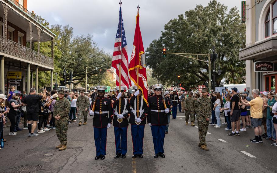 The Marine Forces Reserve and Marine Forces South color guard leads the Super Bowl LIX parade