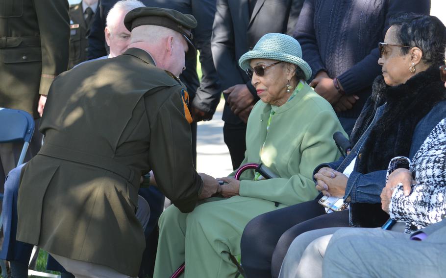 Joann Woodson received her late husband Waverly Woodson’s Bronze Star on Wednesday, Oct. 11, 2023, during a ceremony at Arlington National Cemetery, Va. 
