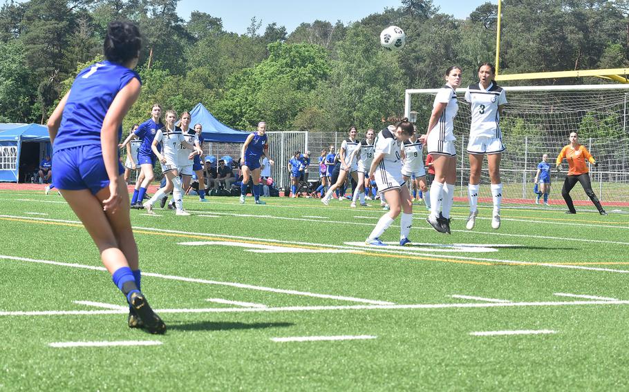 Wiesbaden's Sophia St. Laurent tries to turn a free kick into points against SHAPE on Monday, May 20, 2024, at the DODEA European Division I girls soccer championships at Ramstein Air Base, Germany.