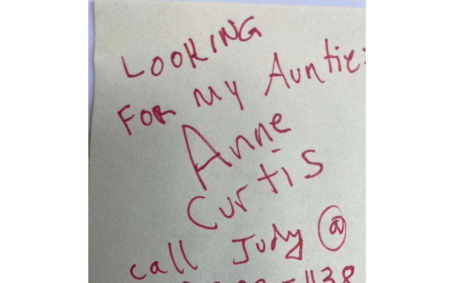 A note asking for information on the whereabouts of Anne Curtis, posted last week outside the Lahaina fire evacuation center in Wailuku, Maui.