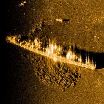 A sonar image of the wreck of the USS Edsall in 18,000 feet of water in the Indian Ocean near Australia’s Christmas Island. 