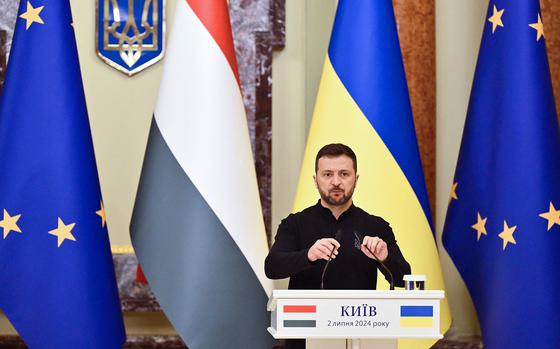 Ukraine's President Volodymyr Zelensky delivers a press conference with Hungary's Prime Minister in Kyiv on July 2, 2024, amid the Russian invasion of Ukraine. (Genya Savilov/AFP/Getty Images/TNS)