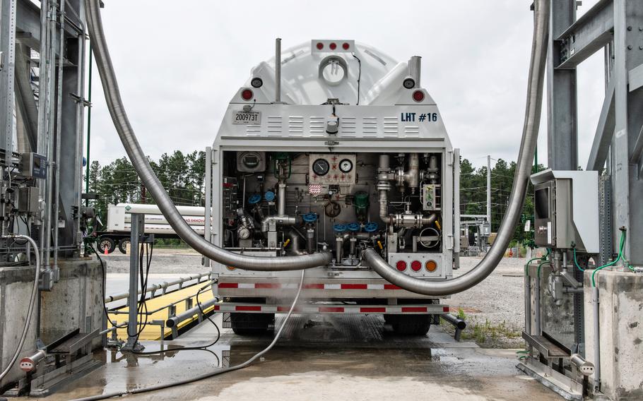 Hydrogen is loaded into a truck at a liquid green hydrogen plant in Woodbine, Georgia. 