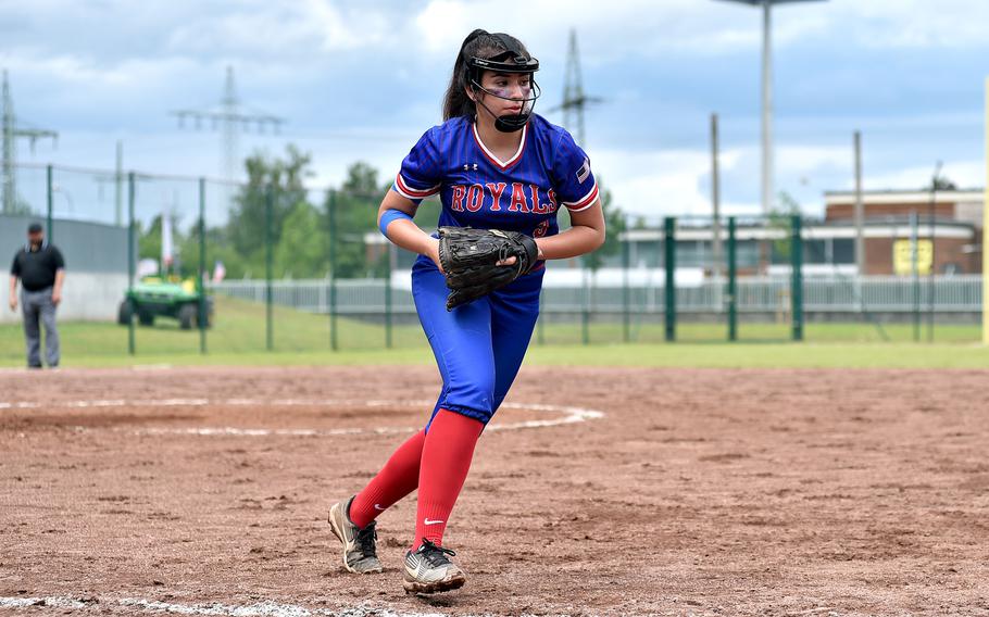 Ramstein first baseman Jazmyn Hall runs to the bag after fielding a ground ball from a Kaiserslautern batter during the Division I DODEA European softball championship game on May 24, 2024, at Kaiserslautern High School in Kaiserslautern, Germany.