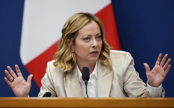 Italian Premier Giorgia Meloni holds the 2024 year-end press conference, in Rome, Thursday, Jan. 9, 2025. (AP Photo/Alessandra Tarantino)