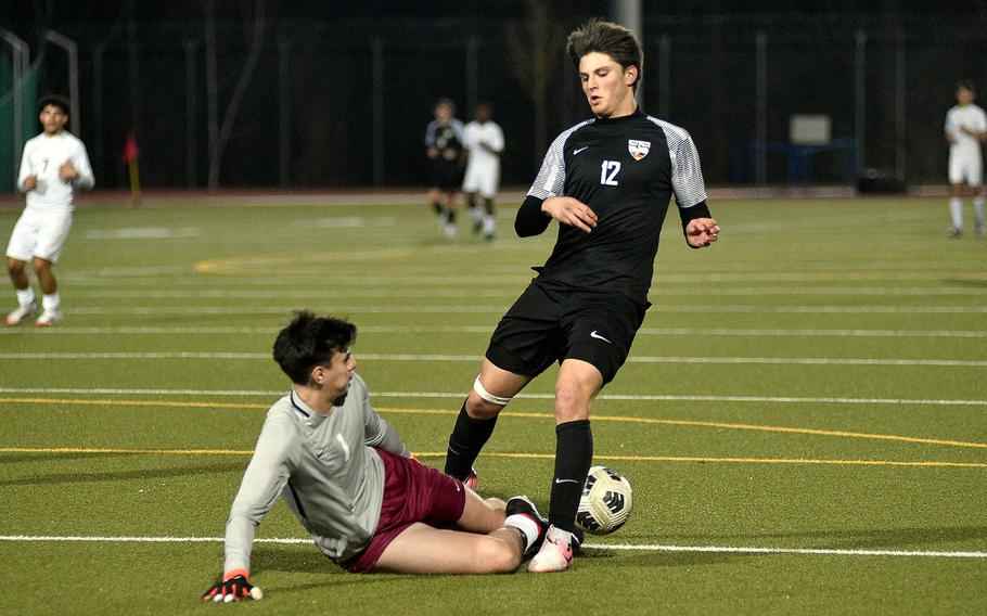 Matt Vasquez kicks the ball away from the goal.