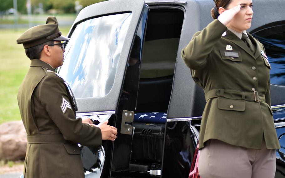 The remains of U.S. Army 1st Lt. Nathan Baskind are placed in a hearse Tuesday, May 28, 2024, following a dignified recovery of remains ceremony at the Landstuhl Regional Medical Center chapel in Germany.