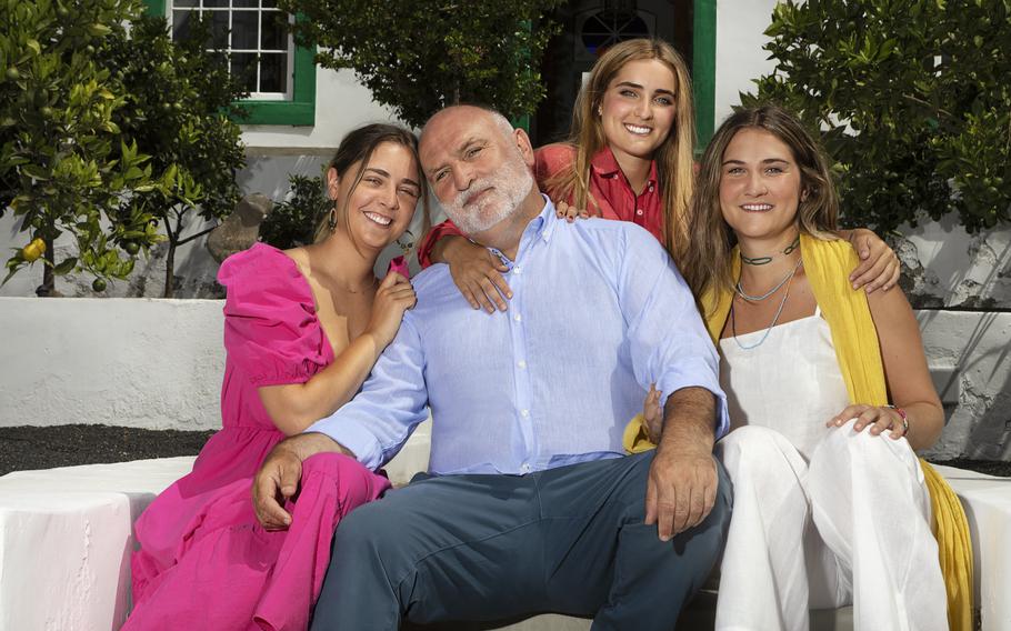 José Andrés and his daughters explore the historic Hotel Emblemático La Casa de los Naranjos in Lanzarote, Spain.