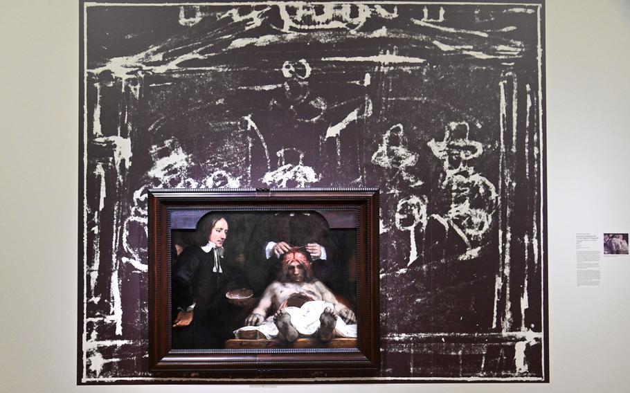 A fragment of Rembrandt’s “Anatomy lesson of Dr. Jan Deijman,” from 1656, is on display with the artist’s sketch of the whole painting in the exhibit “Rembrandt’s Amsterdam. Golden Times?” at the Städel Museum in Frankfurt.