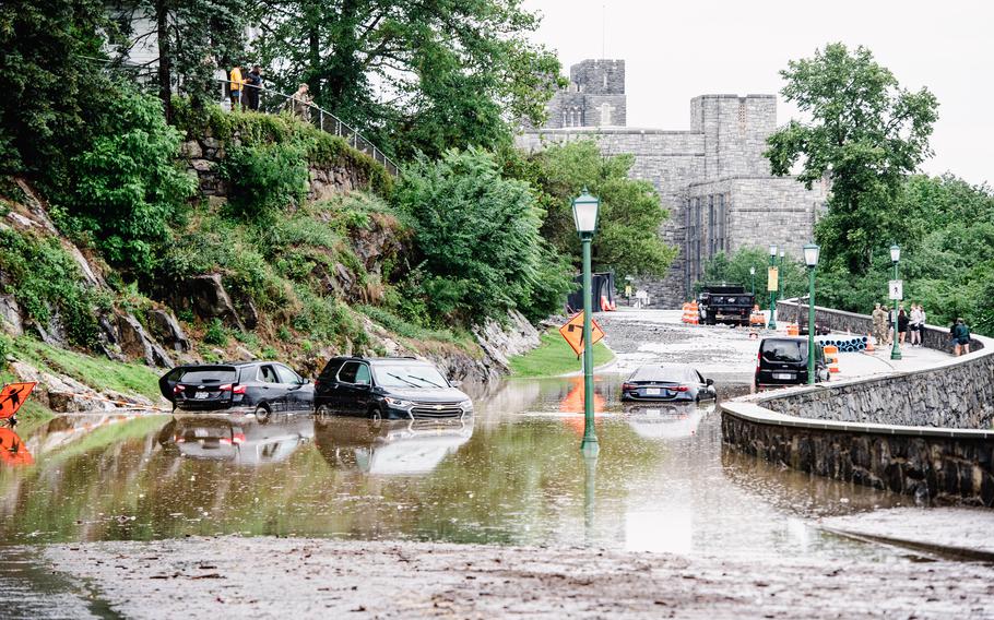 A storm dropped about eight inches of rain Sunday at the U.S. Military Academy at West Point, N.Y., causing more than 130 homes on base to suffer damage. 