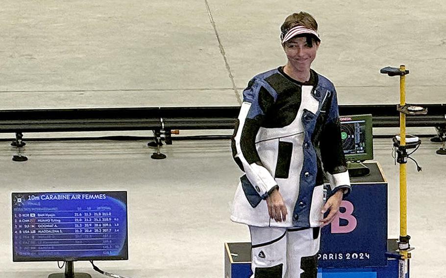 Army Sgt. Sagen Maddalena steps away from the range after being eliminated Monday, July 29, 2024, in the women's 10-meter air rifle competition at the Chateauroux Shooting Centre in Chateauroux, France. Maddalena finished fourth with 207.7 points.