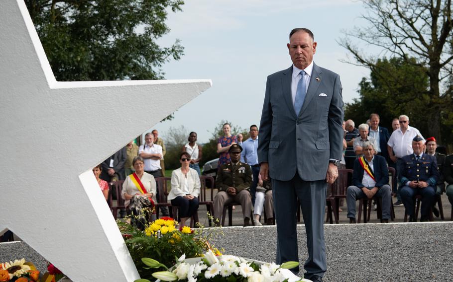 U.S. Ambassador to Belgium Michael M. Adler on Sept. 2, 2024, lays a wreath at a memorial in Monceau-Imbrechies, Belgium, honoring the first 12 U.S. soldiers who were killed in Belgium in World War II.