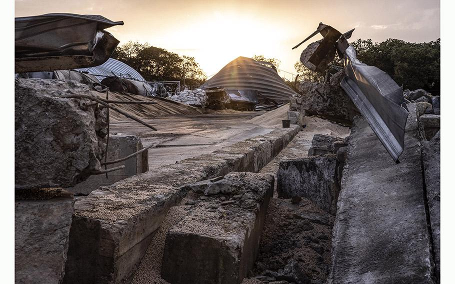 A grain storage facility seen July 26, 2023, in Pavlivka, Ukraine, where Russian cruise missiles struck in a nighttime assault on July 21, 2023.