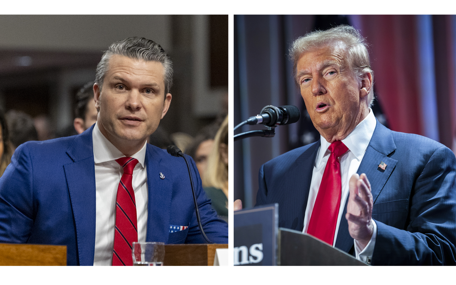 Hegseth and Trump speaking at separate live events.