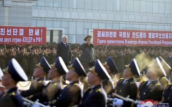 In this photo provided by the North Korean government, Russian Defense Minister Andrei Belousov, center left, with North Korean Defense Minister No Kwang Chol, center right, attends a welcome ceremony on his arrival at a Pyongyang airport, North Korea Friday, Nov. 29, 2024. Independent journalists were not given access to cover the event depicted in this image distributed by the North Korean government. The content of this image is as provided and cannot be independently verified. Korean language watermark on image as provided by source reads: "KCNA" which is the abbreviation for Korean Central News Agency. (Korean Central News Agency/Korea News Service via AP)