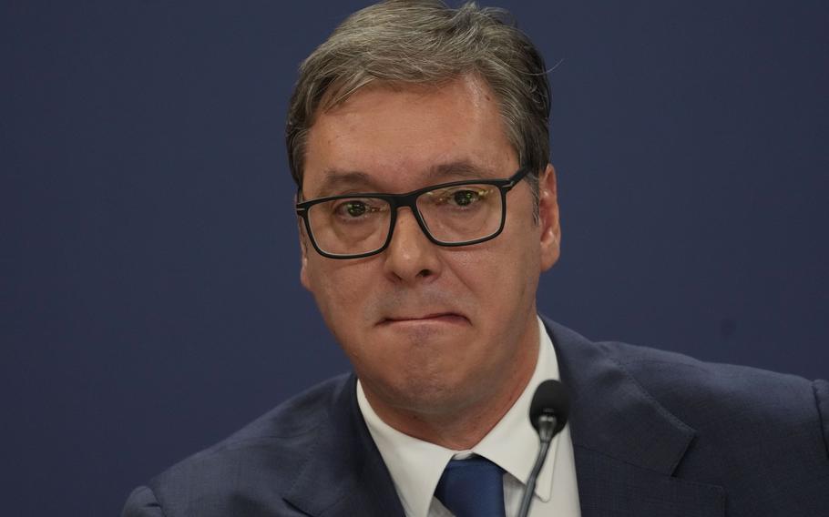 Serbian President Aleksandar Vucic speaks during a public address in Belgrade, Serbia, Friday, Sept. 13, 2024. Serbia on Friday demanded that an election be held and ethnic Serbs return to police and judiciary in a Serb-populated northern region of Kosovo where tensions have fueled fears of instability and new armed clashes. 