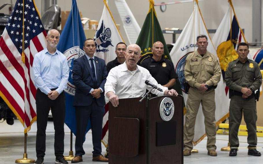 Homeland Security Secretary Alejandro Mayorkas speaks during a news conference in Tucson, Ariz., Wednesday, June 26, 2024. The Homeland Security Department says arrests for illegal border crossings have dropped more than 40% during the three weeks asylum processing has been suspended. 