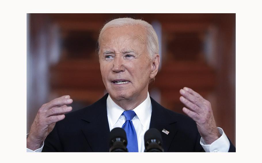 President Joe Biden speaks in the Cross Hall of the White House on Monday, July 1, 2024, in Washington. 