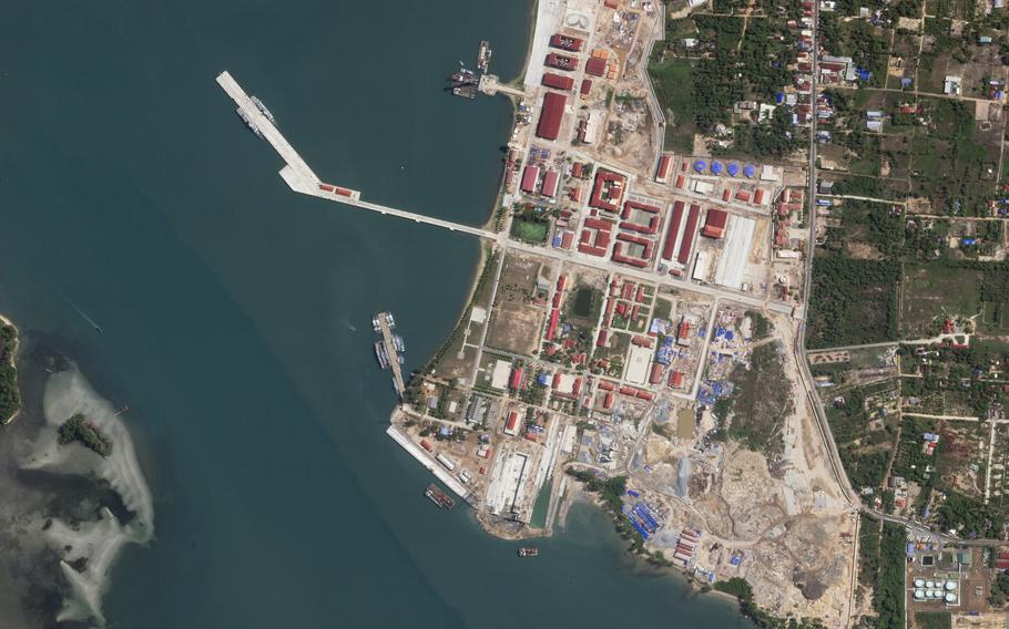 This satellite photo taken by Planet Labs PBC shows two Chinese corvettes docked at the Ream Naval Base, Cambodia, on the Gulf of Thailand, May 8, 2024.