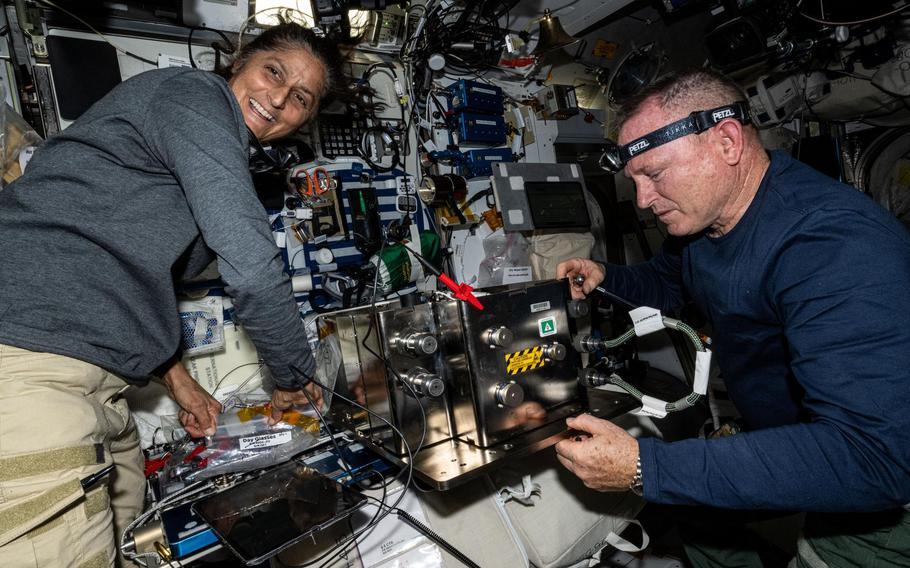 Astronauts Suni Williams and Barry “Butch” Wilmore aboard the International Space Station, where their stay has been extended indefinitely. 