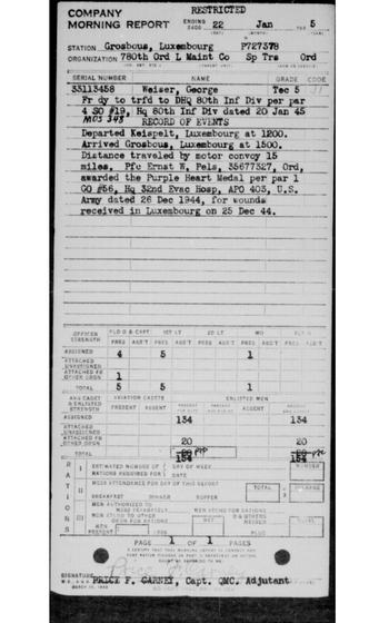 An Army morning report from January 22, 1945, transferred from microfilm to digital format through a partnership between the National Archives and Ancestry. The entire year's reports will soon be available online, providing researchers with information on a unit's personnel changes during the final year of World War II.