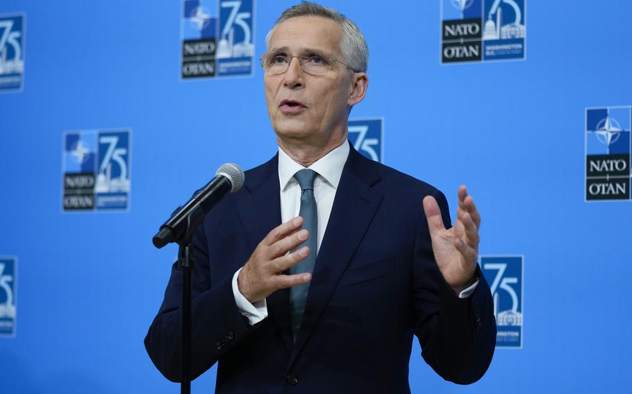 NATO Secretary-General Jens Stoltenberg speaking to members of the media on Wednesday, July 10, 2024, at the NATO summit in Washington.