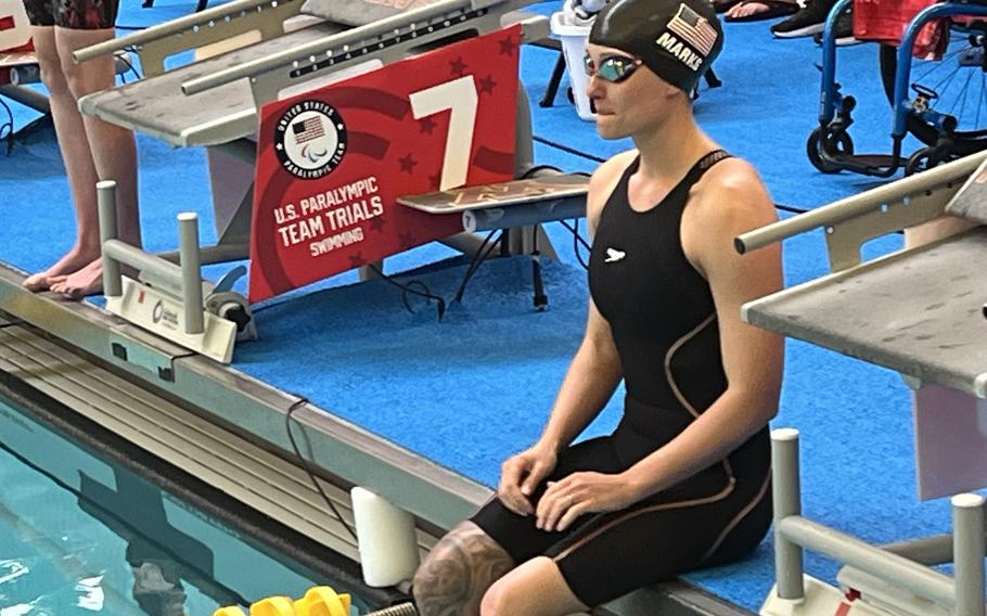 Sgt. 1st Class Elizabeth Marks gets ready to swim in the 100-meter backstroke S6 preliminaries June 27, 2024. Marks broke her own world record in the event with a time of 1:19.57. Marks will be competing in her third Paralympics.