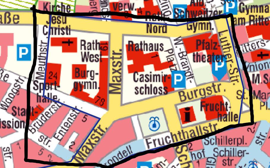 The map shows the area of ​​Kaiserslautern near City Hall and K in Lautern where marijuana will not be allowed. 