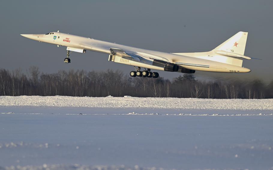 A Tu-160M strategic bomber with Russian President Vladimir Putin onboard takes off from an airfield in Kazan, Russia, Thursday, Feb. 22, 2024