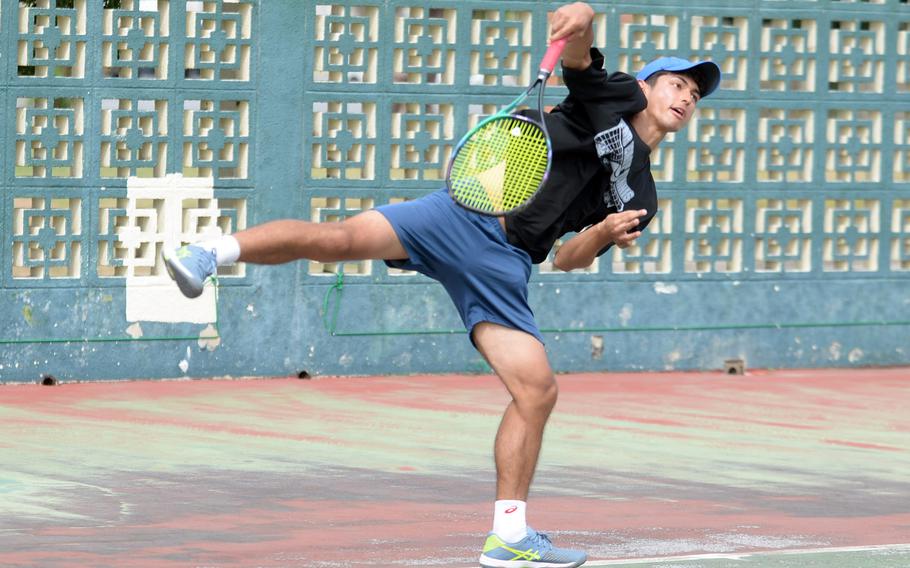 Yokota sophomore Ryunosuke Roesch returns to defend his Far East tennis boys singles title.