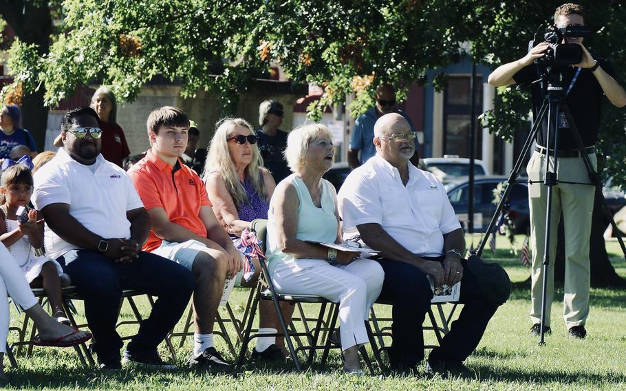 Kim and Bob Southworth (right) and other family members attend a ceremony July 6, 2024, as a section of State Highway 133 through Oakland, Ill., was named the 1st Lt. Jared W. Southworth Highway. 