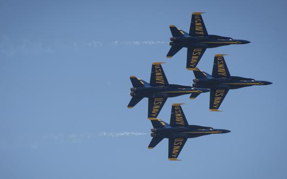 Four U.S. Navy Blue Angel F/A 8 Hornets fly in formation during their performance Sept. 1, 2018, at the Cleveland National Air Show, Cleveland, Ohio. The Cleveland National Air Show is one of the oldest and most established annual air shows in the country. (U.S. Air National Guard photo by Airman Alexis Wade)