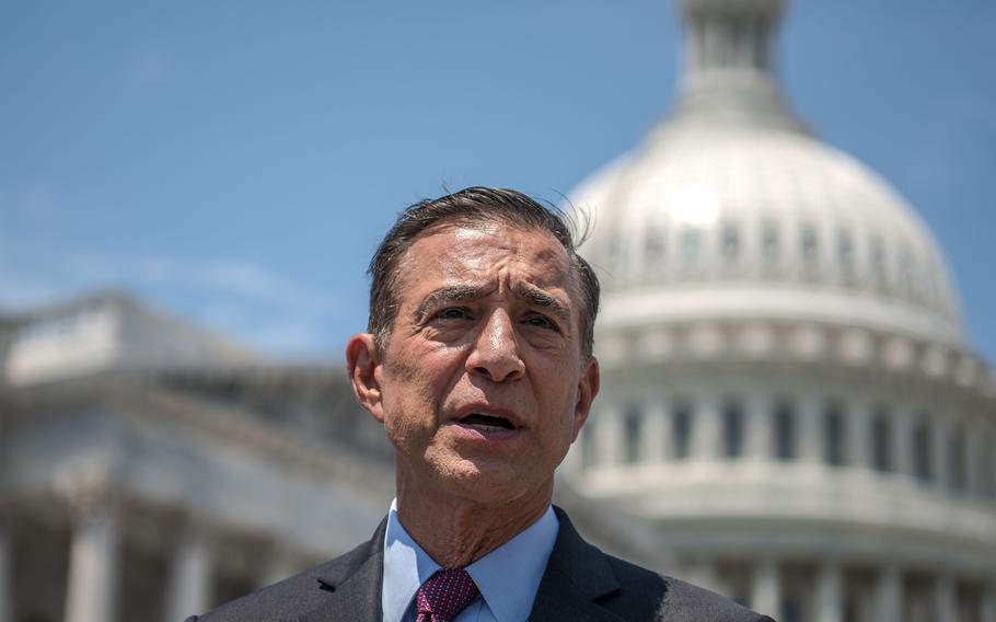 Rep. Darrell Issa, R-Calif., attends a briefing on July 13, 2023, outside the U.S. Capitol in Washington. Issa joined a bipartisan group of congressmen on Friday, July 14, to introduce the Gray Zone Defense Assessment Act.