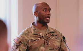 Lt. Gen. Xavier Brunson, I Corps commander, speaks during a ceremony at Joint Base Lewis-McChord in February 2022.