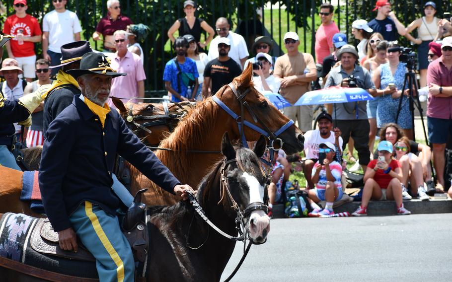 A man dressed as a Union Calvary member rides a horse in the nation’s capital’s Independence Day parade on July 4, 2024.