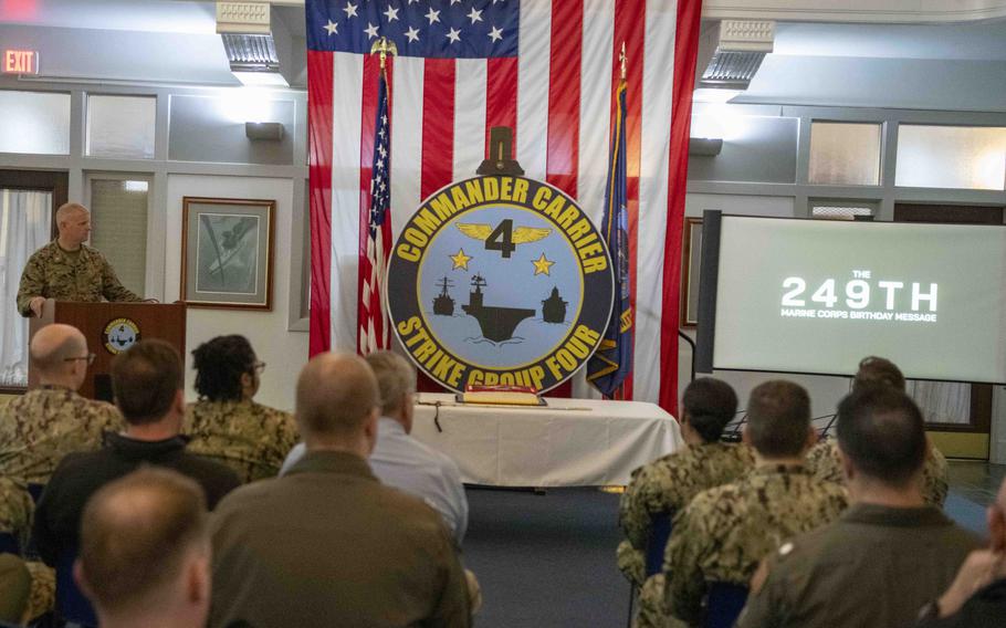 Personnel with Carrier Strike Group 4 celebrate the Marine Corps’ 249th birthday in Norfolk, Va., Nov. 7, 2024.