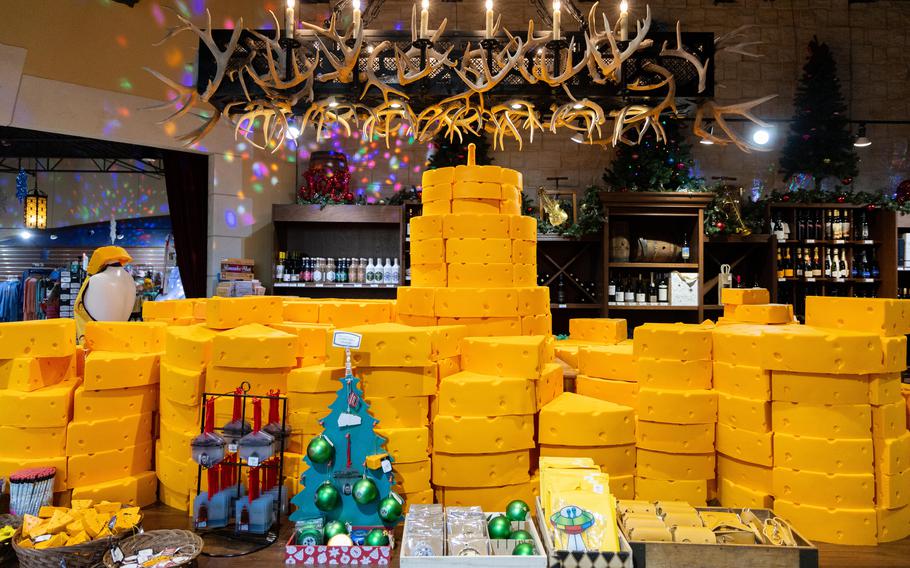 An arrangement of the polyurethane foam cheese hats sold at the Mars Cheese Castle. 