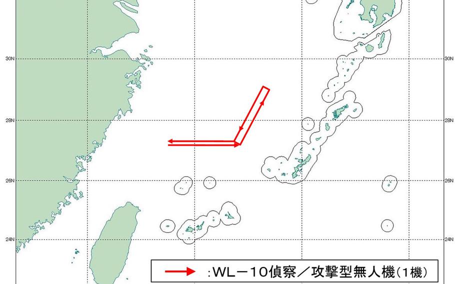 Red marks show where China's new Wing Loong-10 surveillance and strike drone was spotted over the East China Sea, May 27, 2024.