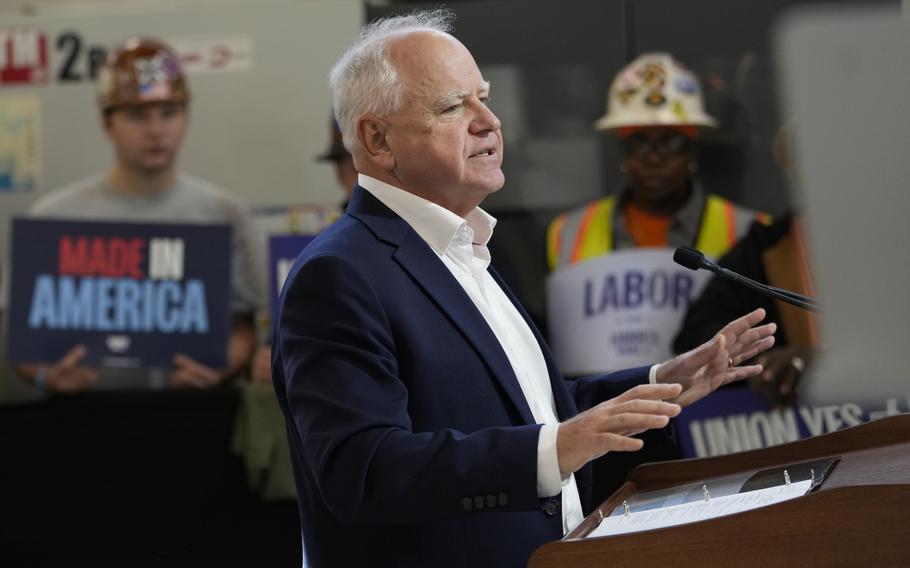 Democratic vice presidential nominee Minnesota Gov. Tim Walz speaks during a campaign event, Friday, Oct. 11, 2024, in Warren, Mich. 