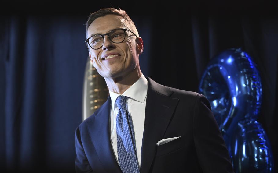 National Coalition Party (NCP) presidential candidate Alexander Stubbe reacts at an election reception in Helsinki, Finland, Sunday, February 11, 2024.