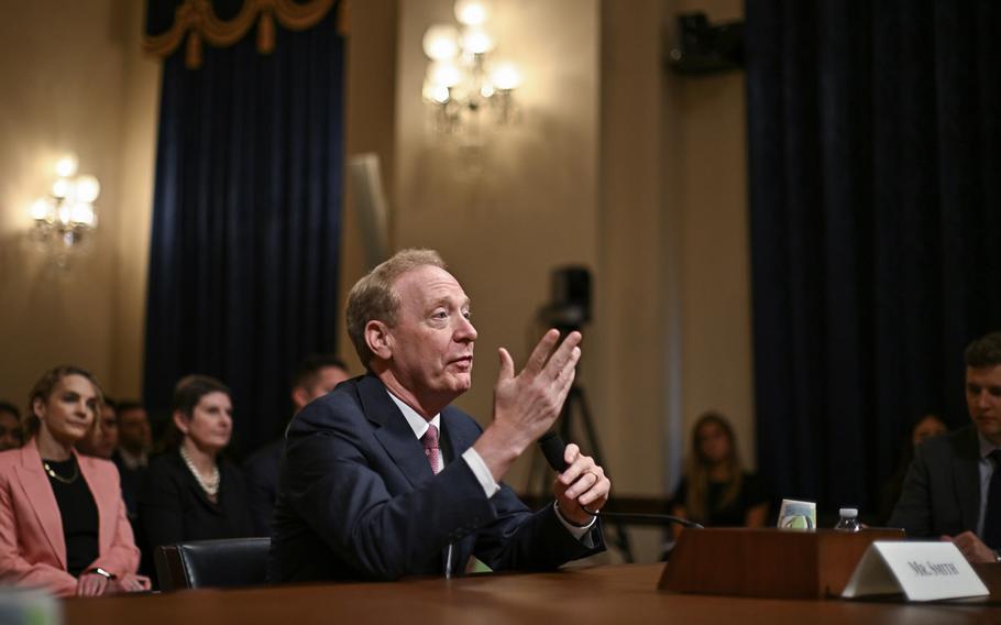 Microsoft President Brad Smith testifies during a House Committee on Homeland Security hearing on June 13, 2024, in Washington.