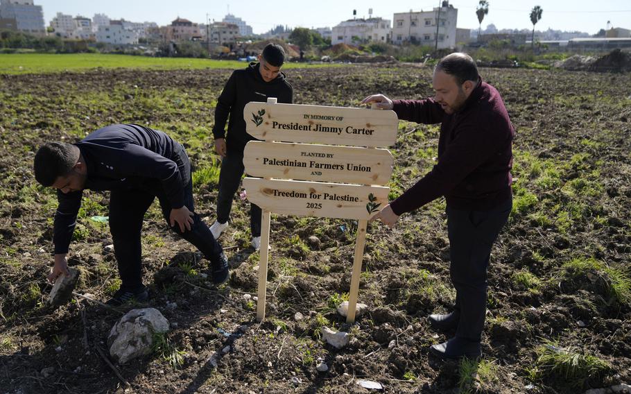 Palestinian farmers fix a sign in the ground