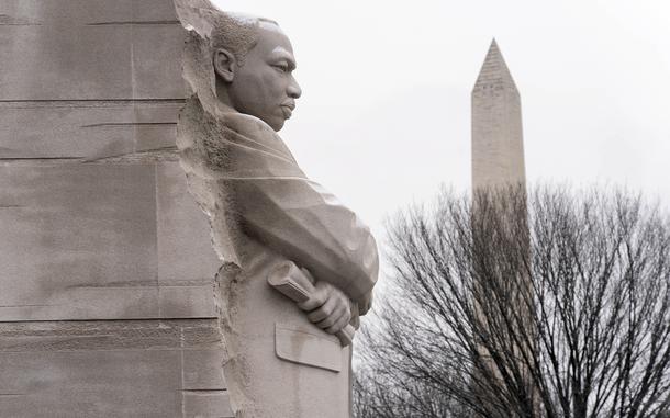 FILE - A view of the Martin Luther King Jr. Memorial, backdropped by the Washington Monument during the annual  MLK wreath-laying ceremony in Washington, Jan. 15, 2024. ( AP Photo/Jose Luis Magana, File)