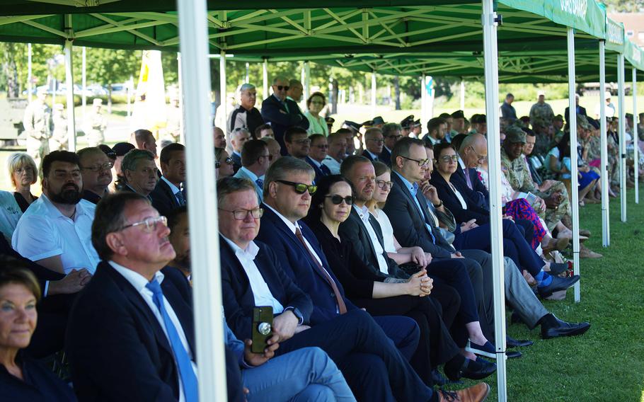 Members of the German and U.S. military communities in Bavaria turn out for a change of command ceremony at Tower Barracks in Grafenwoehr, Germany, on Aug. 6, 2024. Col. Stephen Flanagan assumed command of U.S. Army Garrison Bavaria from Col. Kevin Poole.